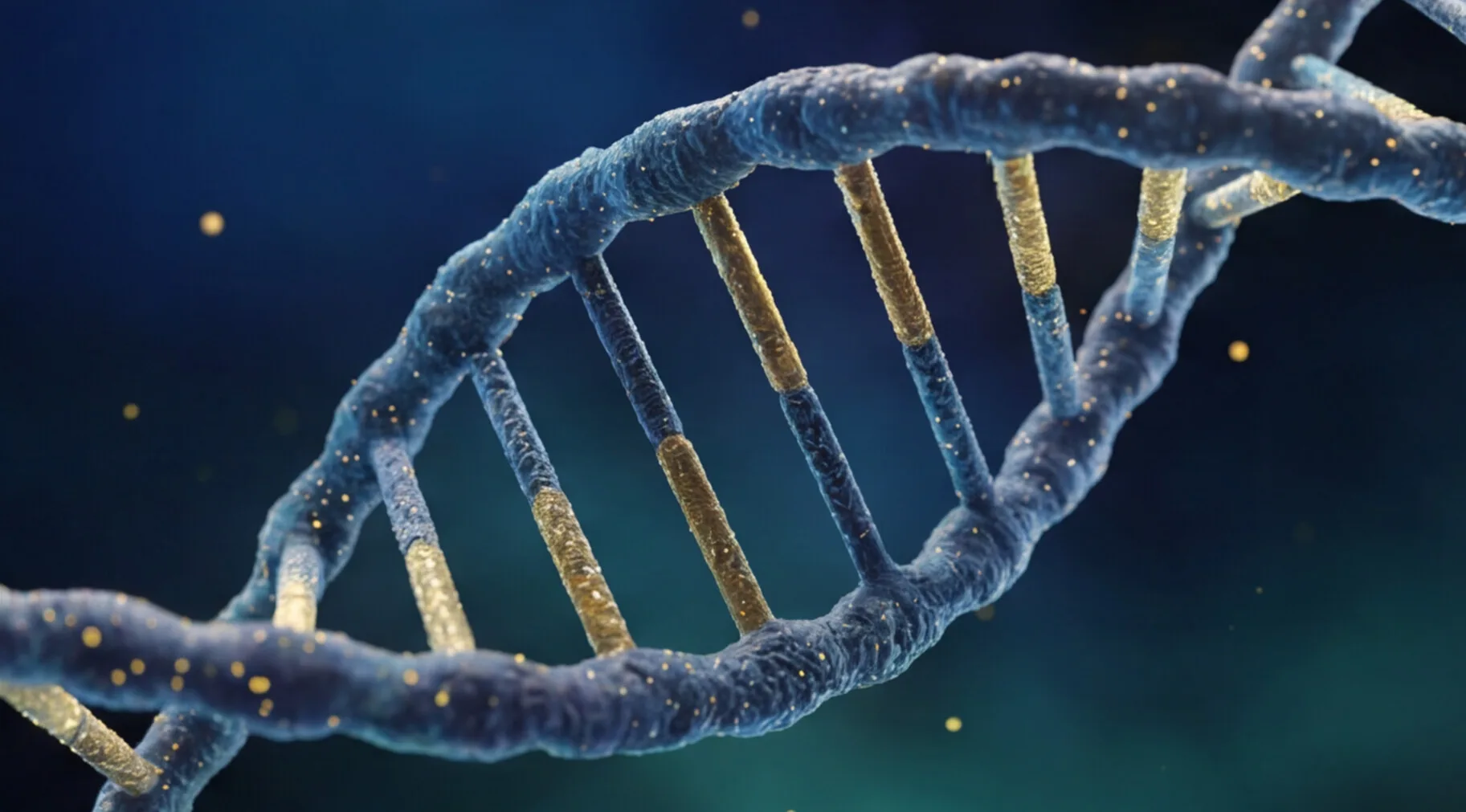 DNA double helix illustration with golden particles — research background
