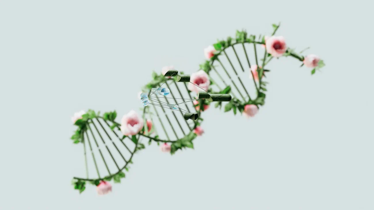DNA helix entwined with pink flowers and green leaves — life science illustration