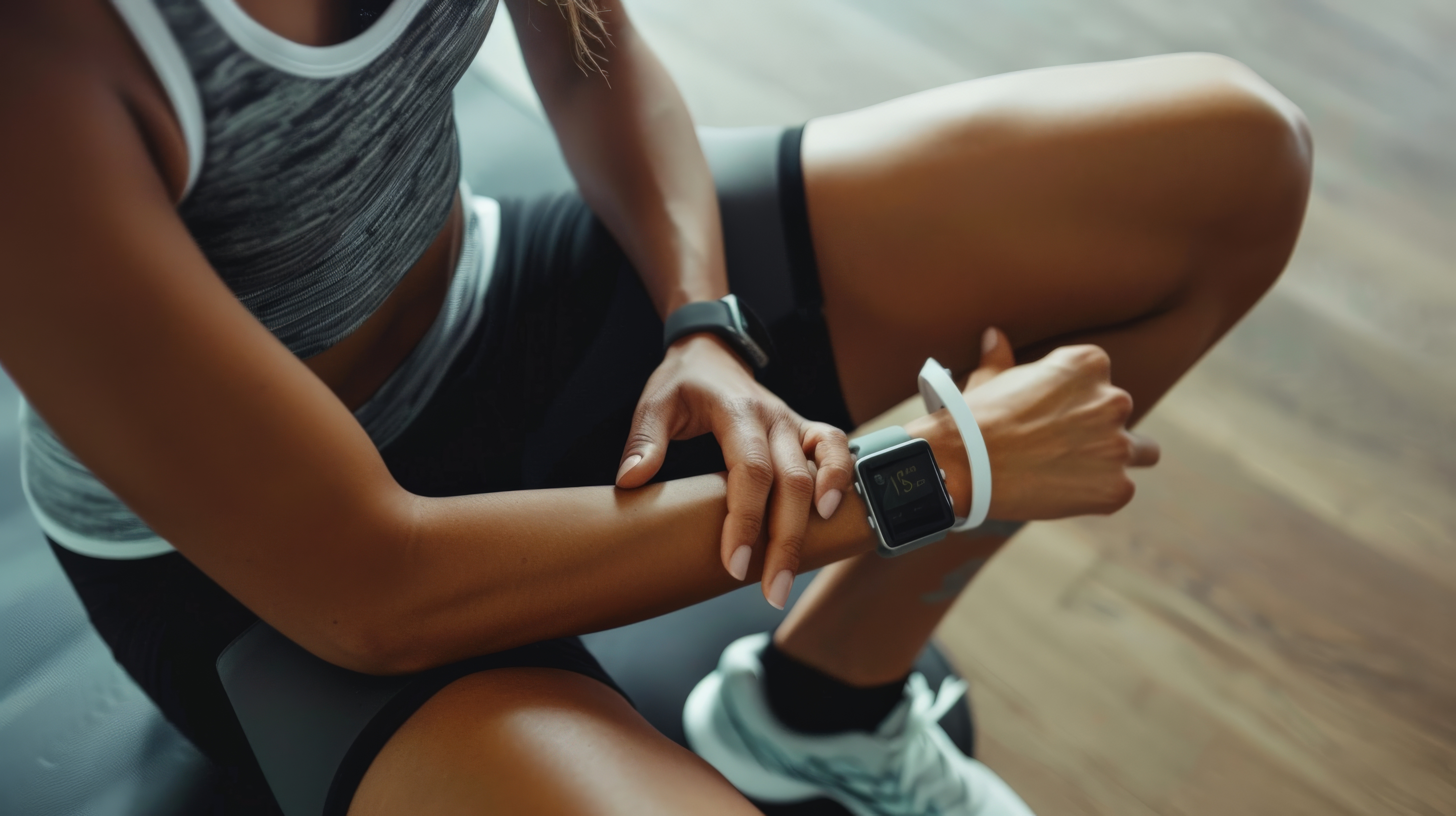 Biohacker checking wearable fitness tracker health metrics