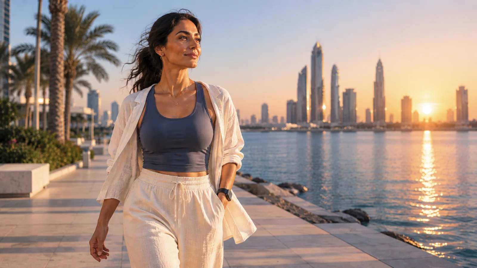 Confident woman walking along Dubai Marina waterfront at sunset, athleisure wear, calm and self-possessed expression