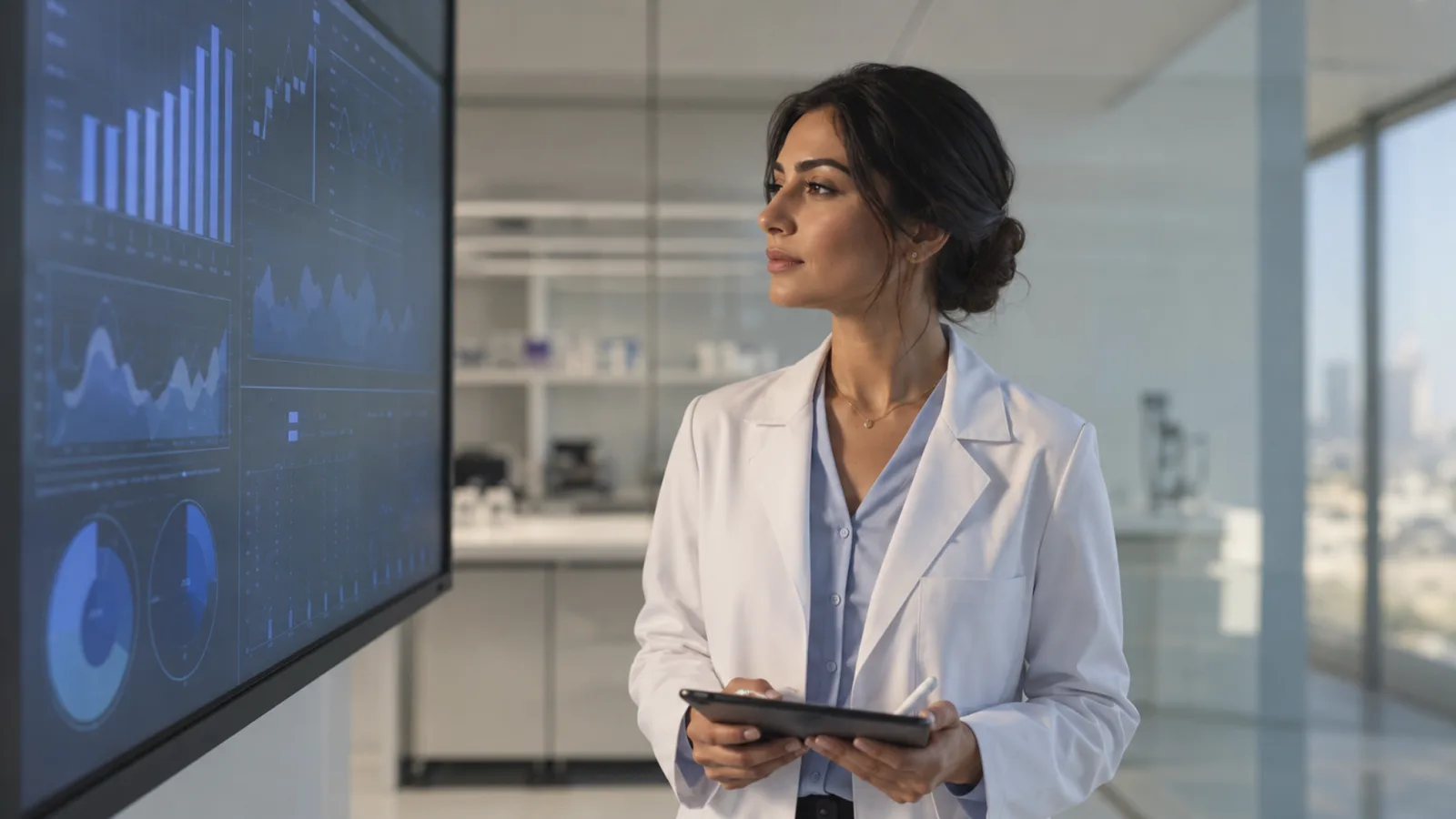 UAE clinical researcher in modern laboratory reviewing data visualisations on a large display screen
