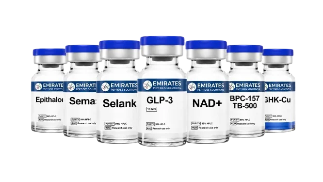 Emirates Peptides research peptide vial lineup featuring Epithalon, Semax, Selank, GLP-3, NAD+, BPC-157/TB-500, GHK-Cu