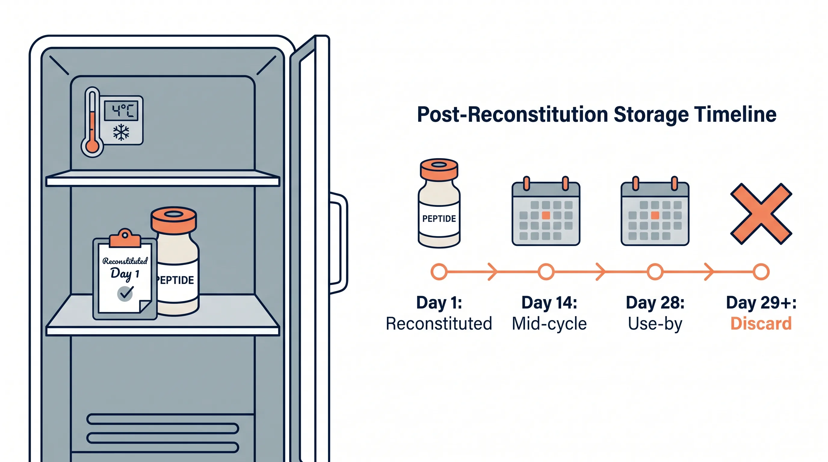 Post-reconstitution storage timeline showing a refrigerator at 4°C and a 28-day use-by horizontal timeline