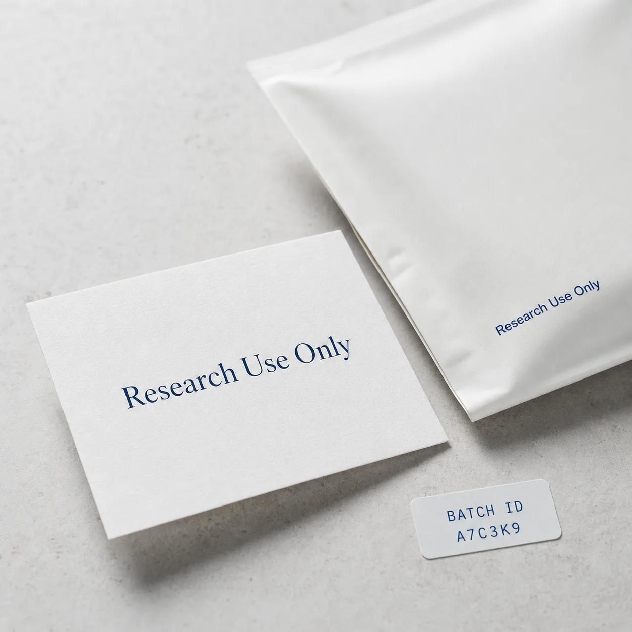 A card reading Research Use Only beside neutral research packaging and a batch ID sticker