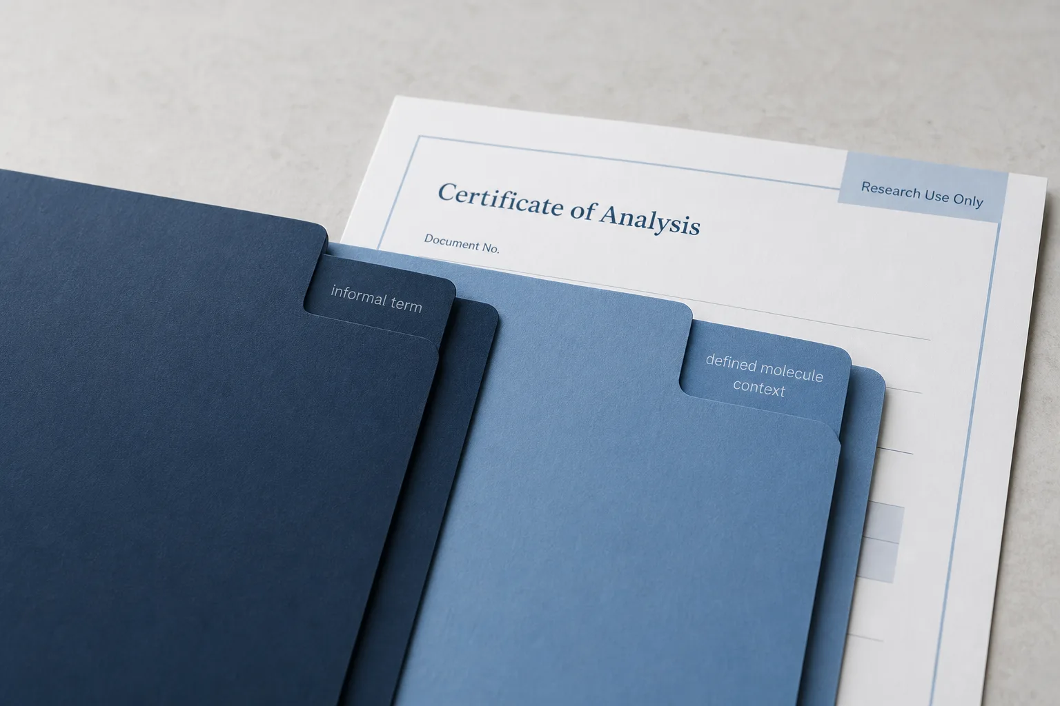 Two document folders tabbed informal term and defined molecule context with a certificate of analysis sheet