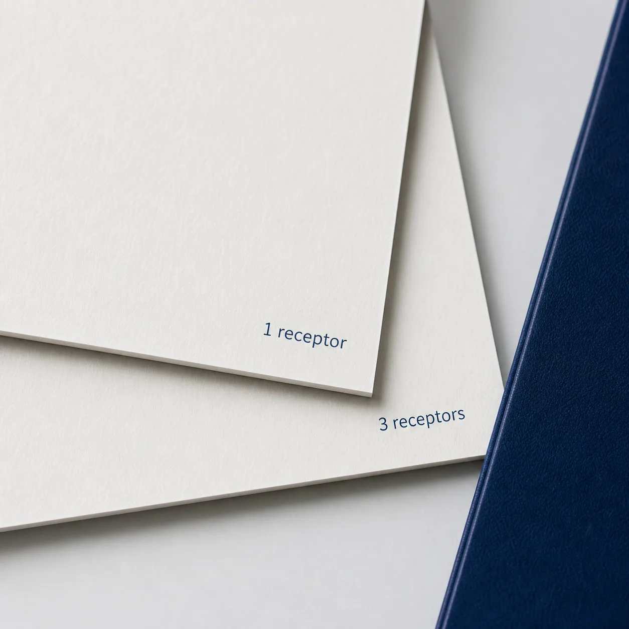 Two neutral document cards marked one receptor and three receptors beside a navy folder