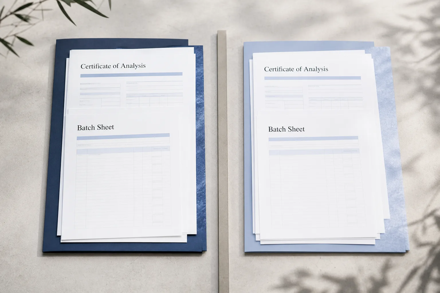 Two equal stacks of research documents arranged as parallel lanes, each with a certificate of analysis and batch sheet