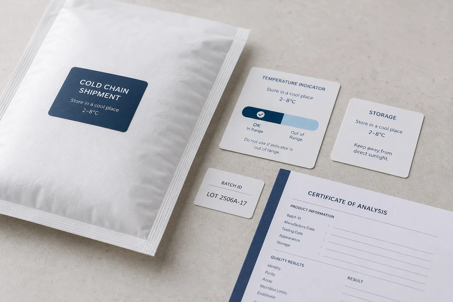 Cold-chain research shipment: insulated pouch, temperature indicator, storage card, batch sticker and certificate of analysis