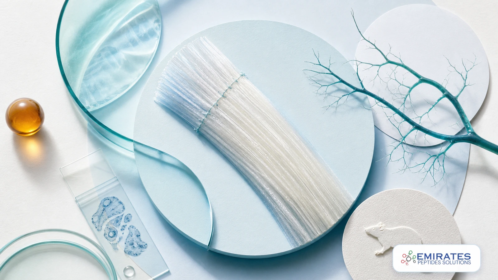 Clean clinical editorial artwork showing a tendon-fiber model, vessel-like branches, microscope slide and animal-model symbol