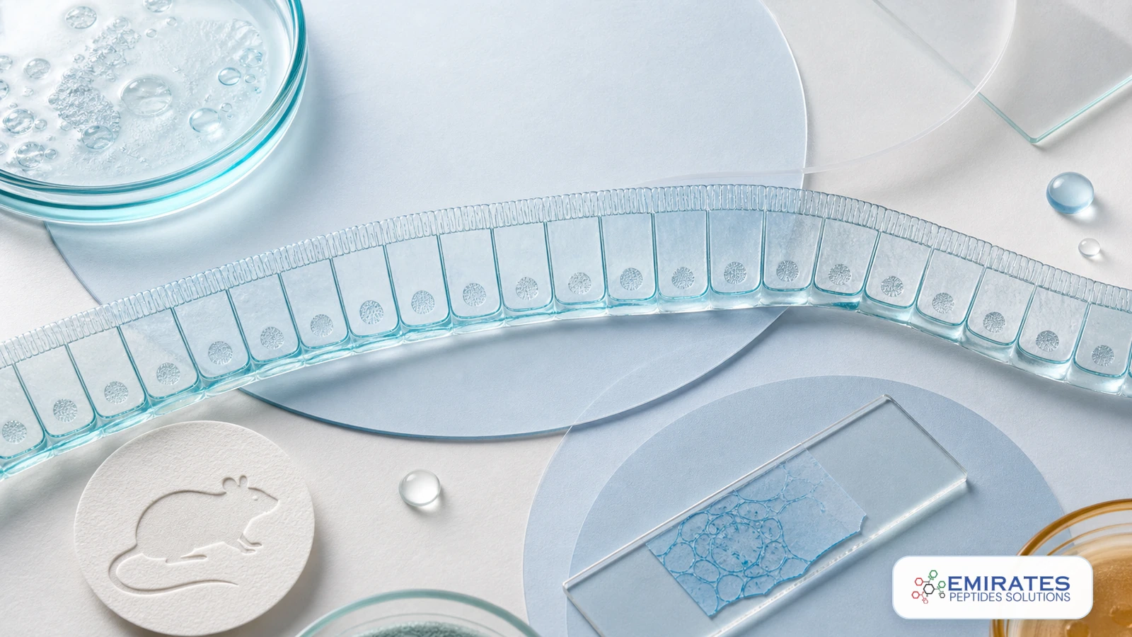 Clean clinical editorial artwork showing an intestinal barrier model beside a microscope slide, petri dish and animal-model symbol