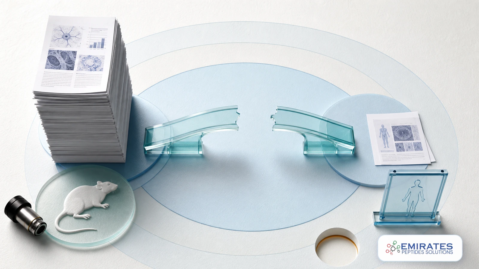 Editorial artwork of a large animal-research paper stack separated from sparse human evidence by an unfinished bridge