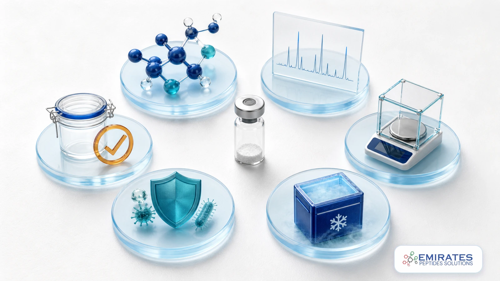 Editorial laboratory artwork showing separate stations for identity, chromatographic purity, quantity, sterility, endotoxin control and storage stability