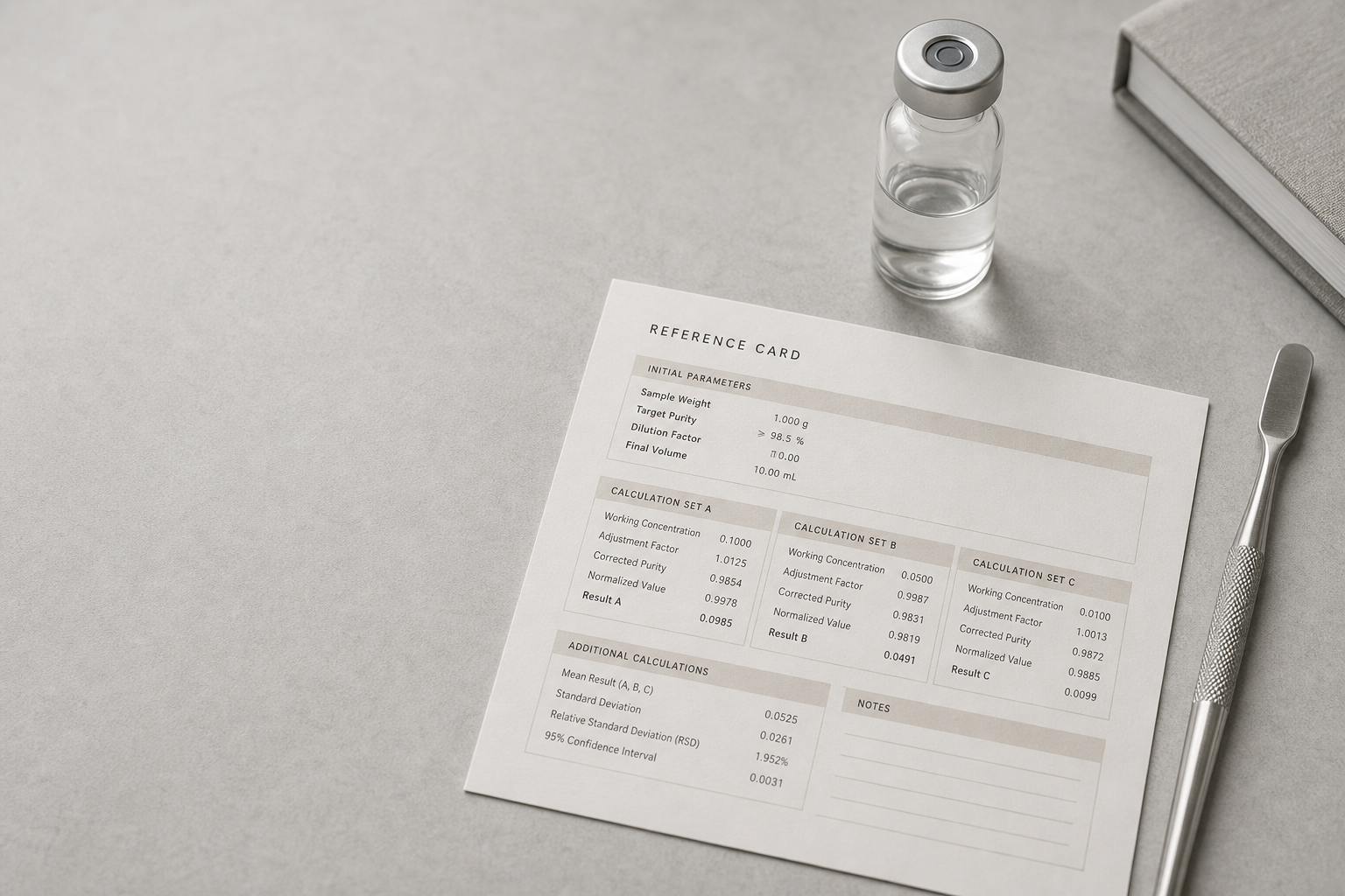 TB-500 reconstitution reference card with BAC water calculation guide for research preparation