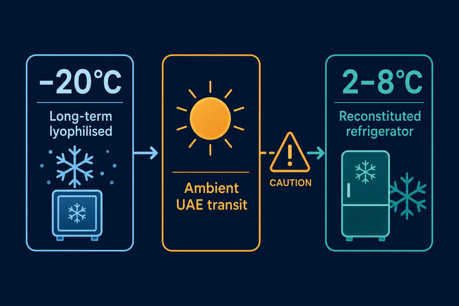 Flat-vector temperature timeline for lyophilised and reconstituted peptide storage in UAE conditions