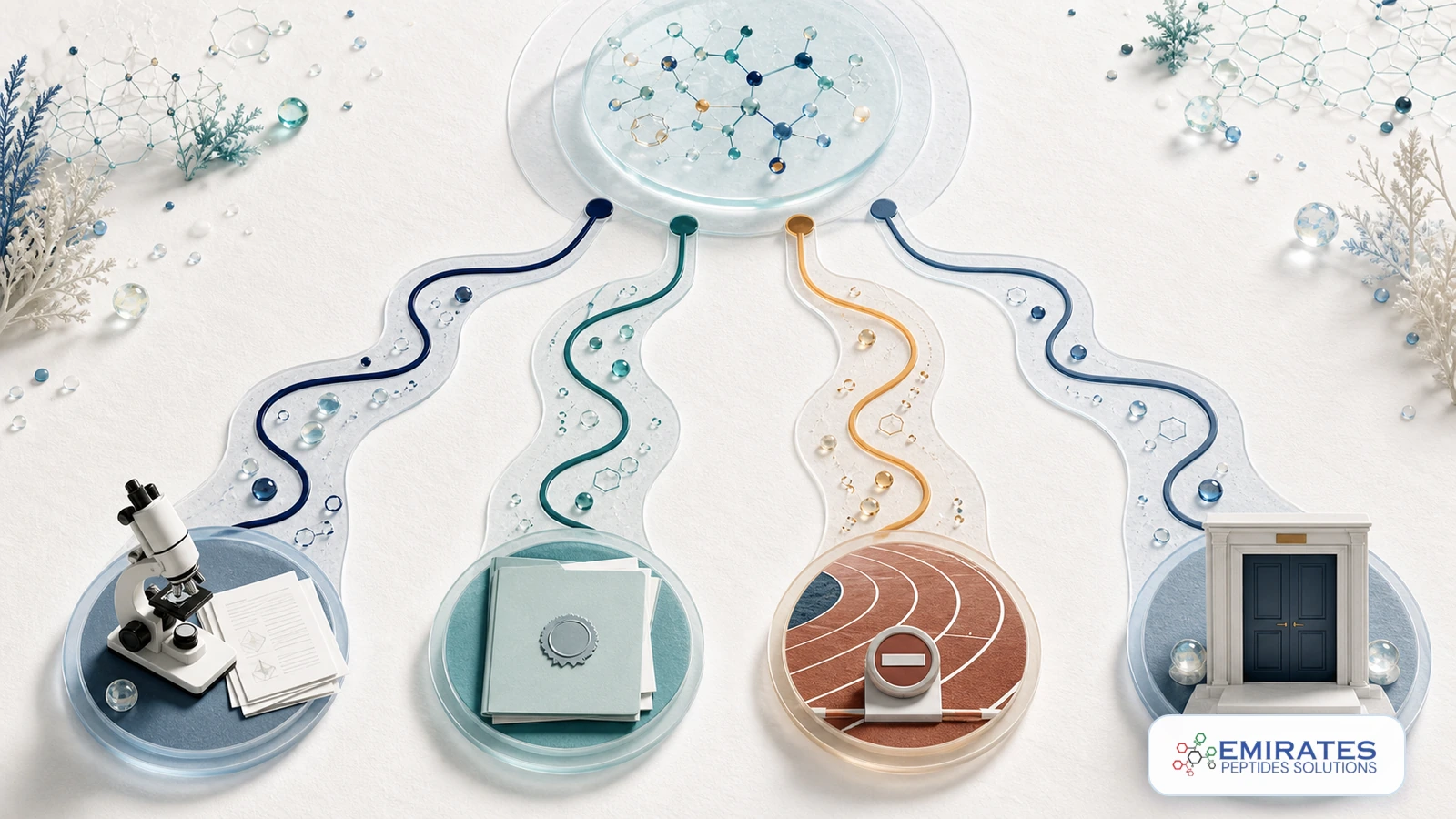 Editorial artwork showing separate paths for scientific research, regulatory review, anti-doping rules and medical approval