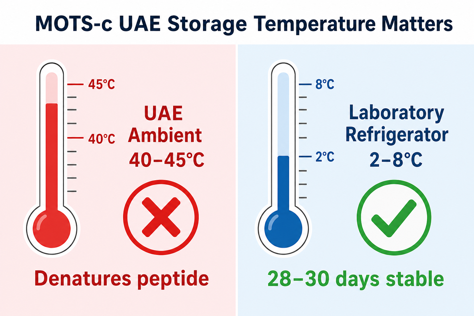 Split infographic comparing UAE ambient temperature versus laboratory refrigerator storage for reconstituted MOTS-c.