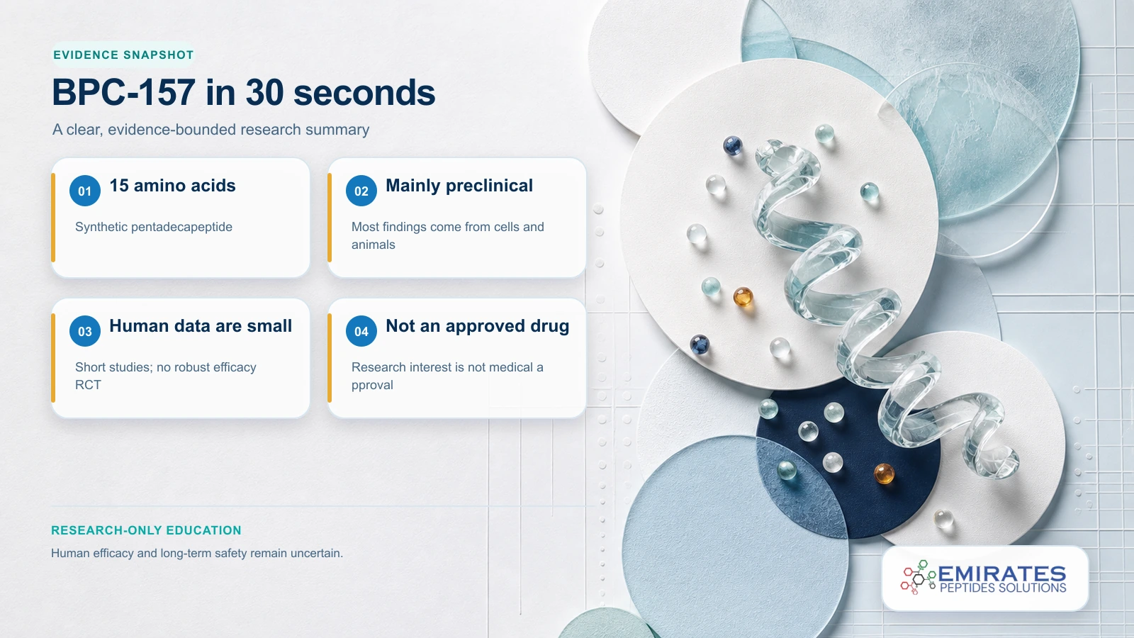 Four-card summary explaining that BPC-157 has 15 amino acids, mainly preclinical evidence, small human studies and no drug approval