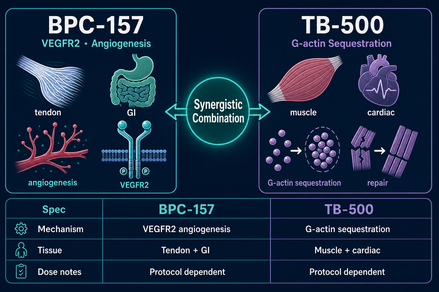 Side-by-side comparison cards for BPC-157 and TB-500 mechanism and dose-scale differences