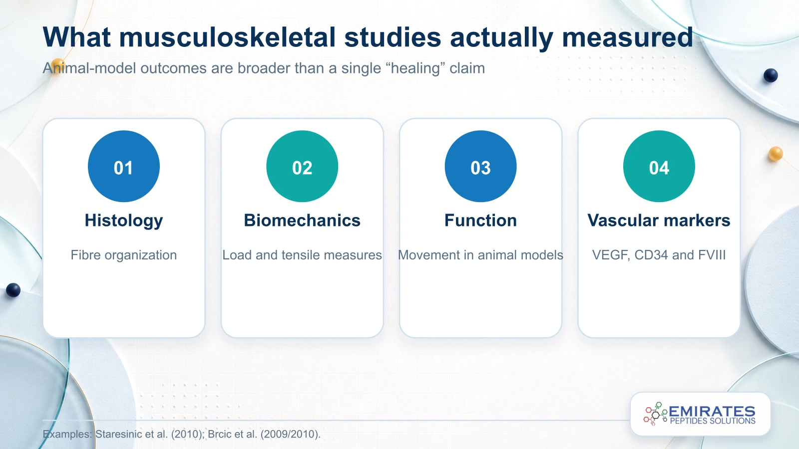Four research endpoints used in BPC-157 musculoskeletal models: histology, biomechanics, function and vascular markers