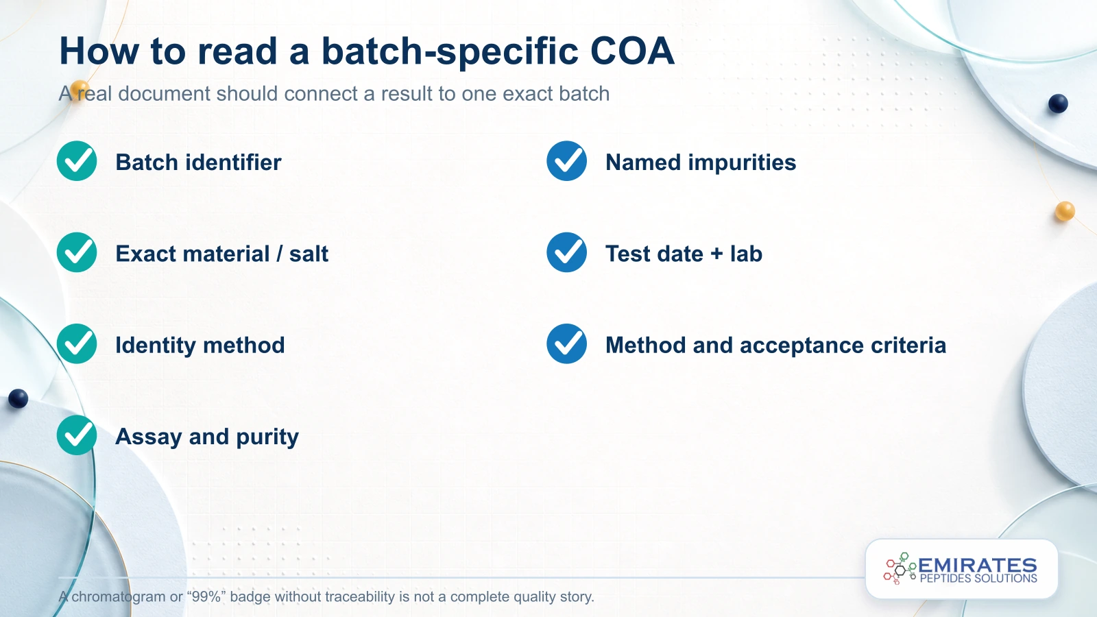 Checklist for reading a BPC-157 certificate of analysis including batch, exact material, identity, assay, impurities and laboratory details