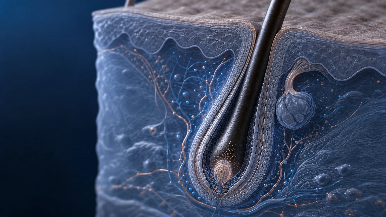 Biomedical cutaway of a human scalp hair follicle and surrounding matrix
