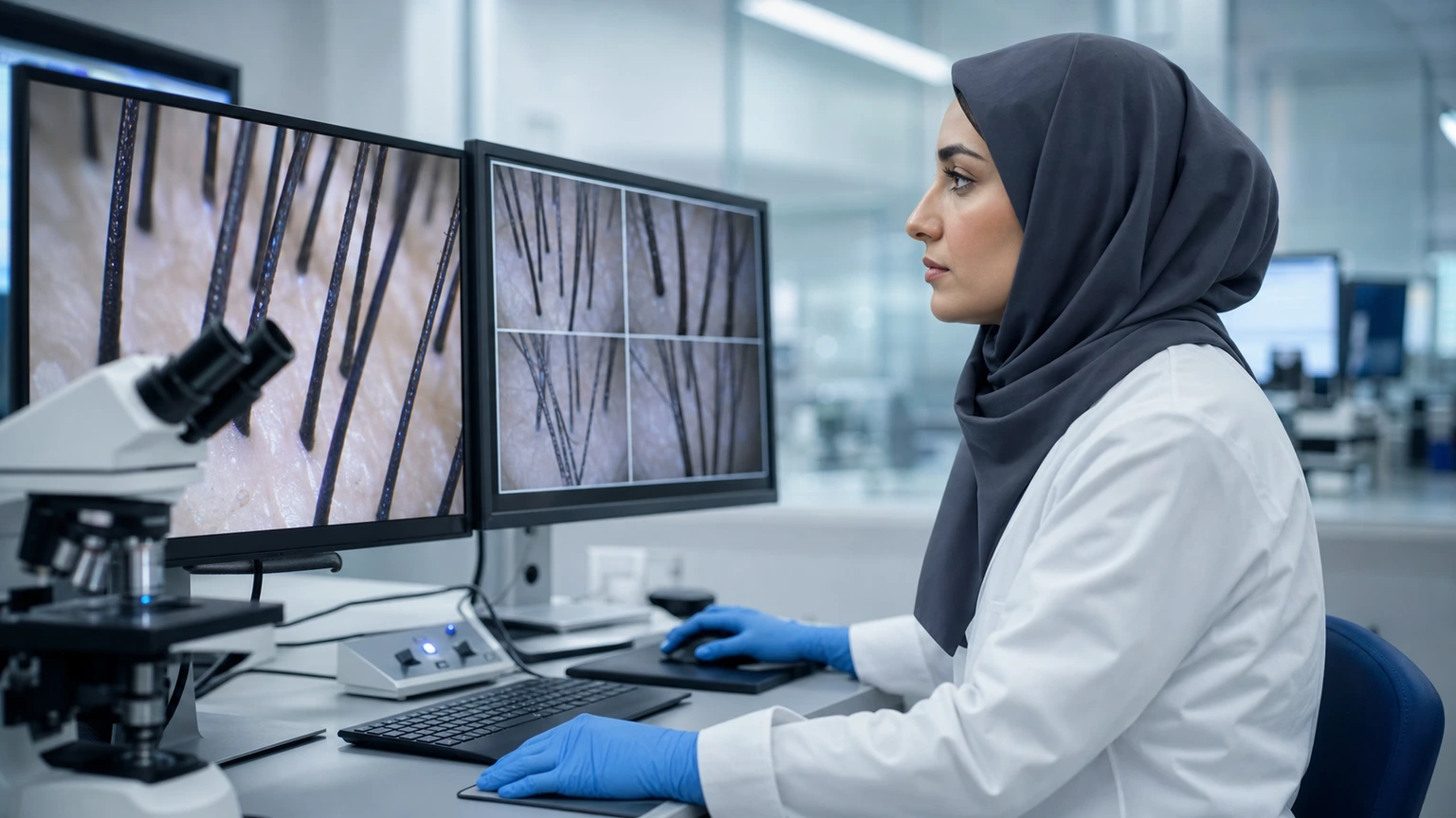 Female scientist performing blinded follicle image analysis