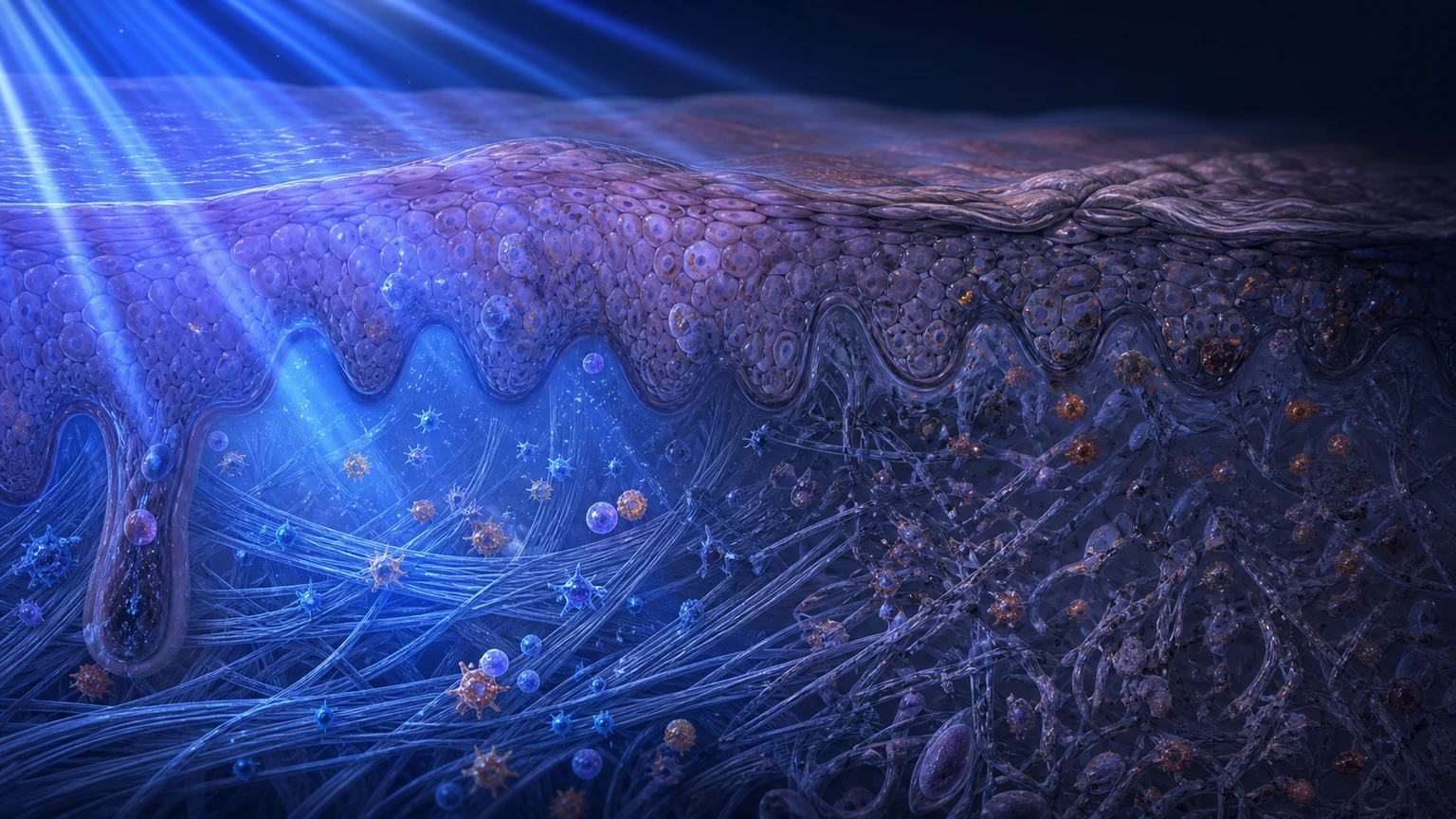 Scientific skin cutaway showing ultraviolet stress and matrix fragmentation