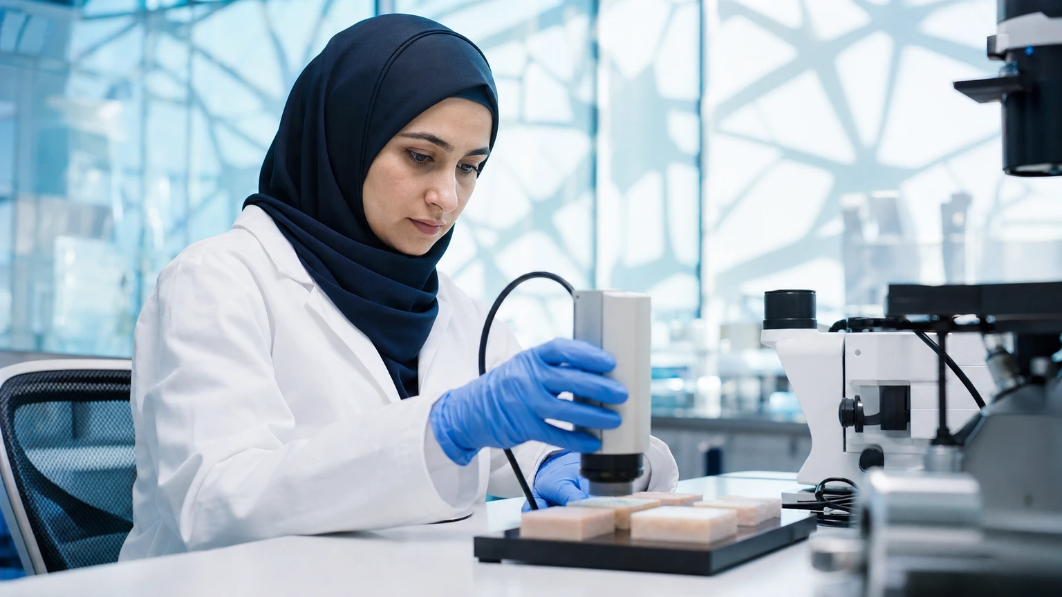 UAE female researcher measuring reconstructed-skin samples