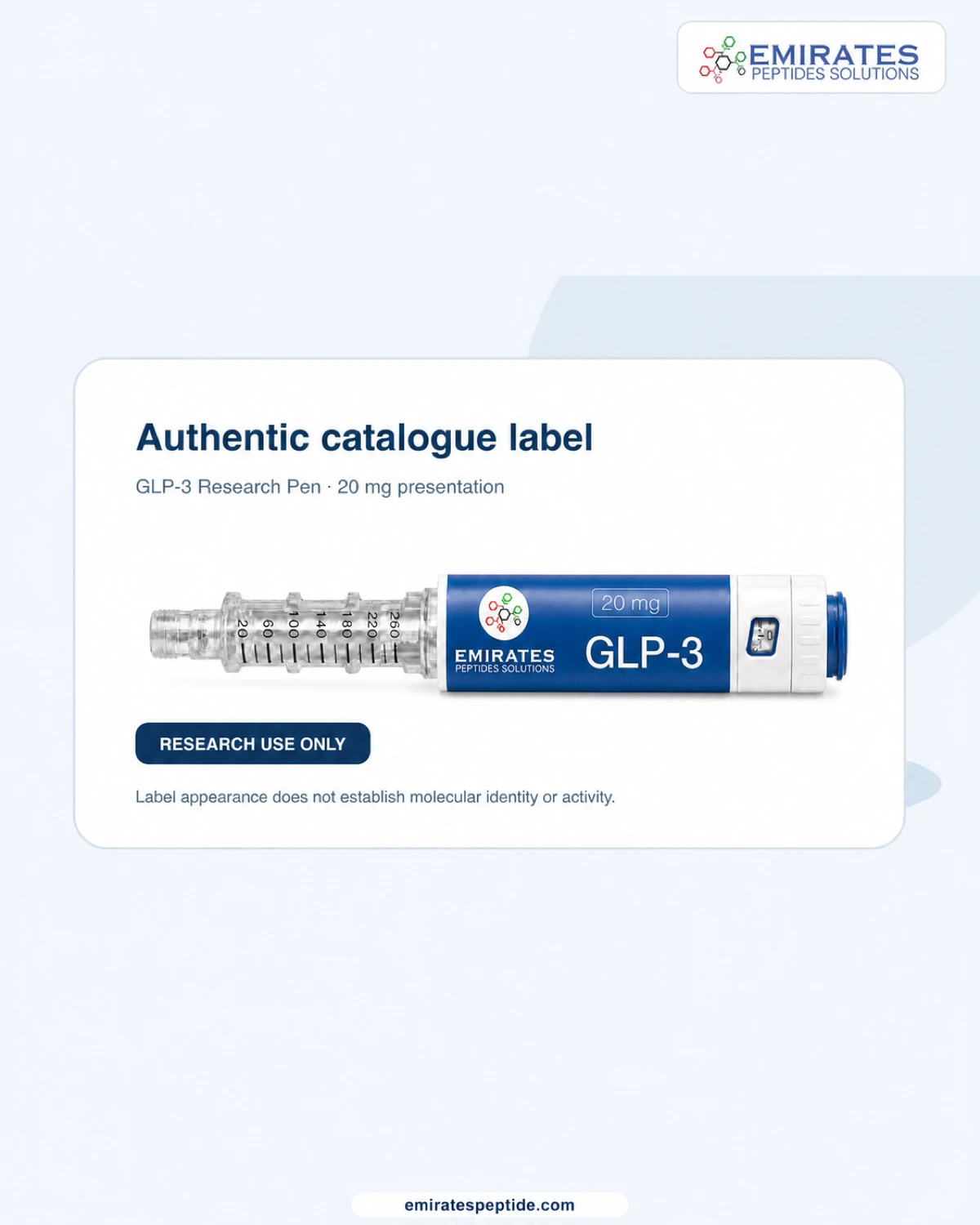 Authentic Emirates Peptides GLP-3 research pen 20 mg catalogue presentation with brand logo