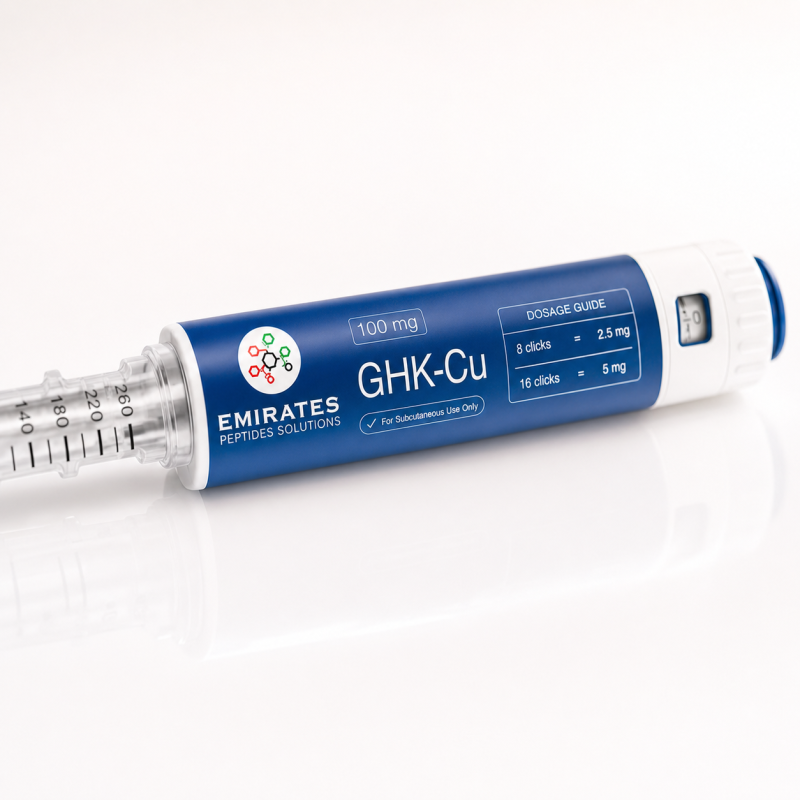 Premium macro view of GHK-Cu 100 mg research pen with shallow depth of field on a white studio surface