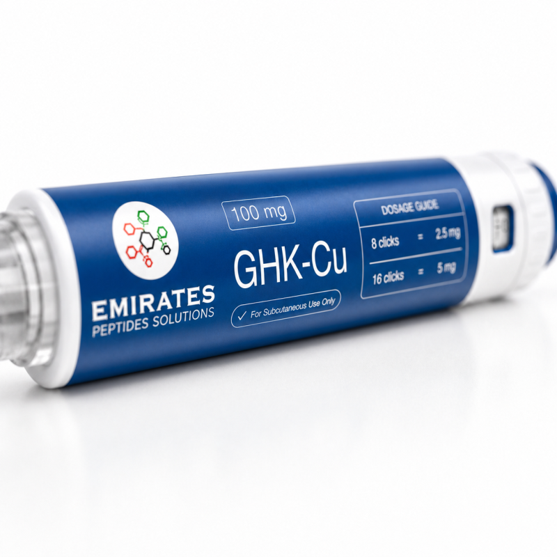 GHK-Cu Research Pen 100 mg – Label Macro Detail Close-up of GHK-Cu 100 mg research pen label and dosage guide with softly blurred pen ends