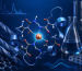 Editorial laboratory illustration of a copper peptide complex with peptide ribbons and glassware