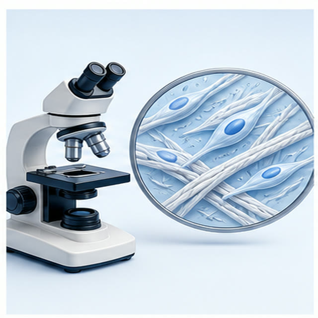 Microscope examining fibroblasts and collagen fibres