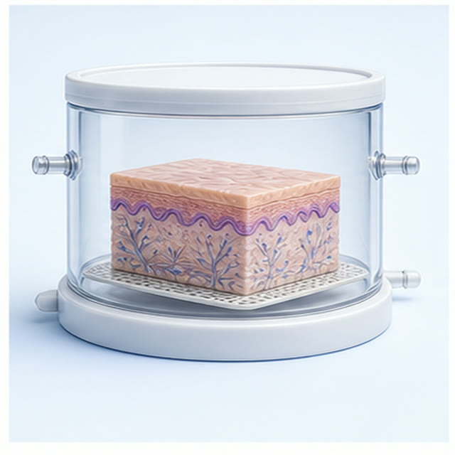 Layered skin explant inside a controlled research chamber