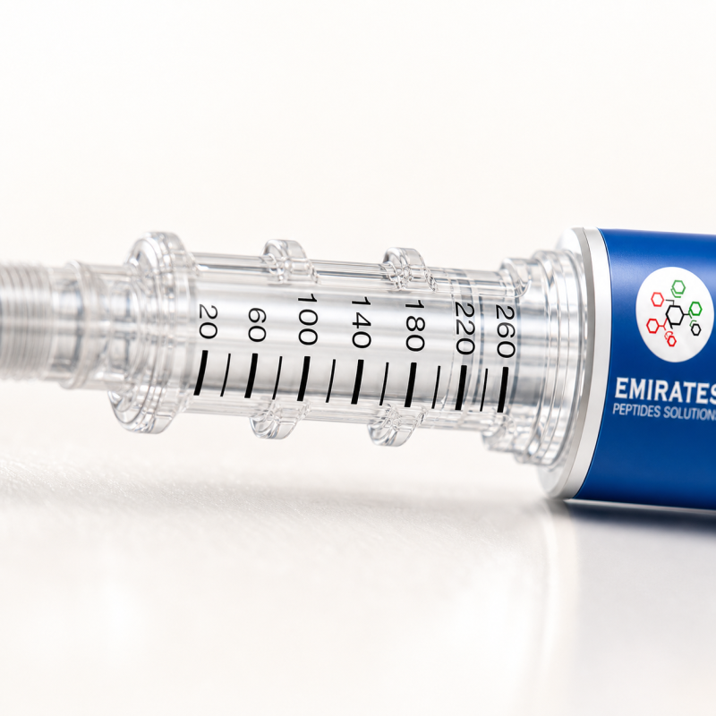 GLP-3 Research Pen – Cartridge Measurement Macro Macro close-up of transparent GLP-3 research pen cartridge and measurement markings from 20 to 260