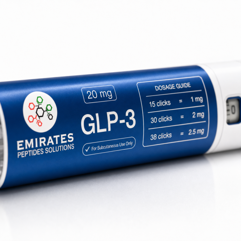 GLP-3 Research Pen 20 mg – Label Macro Detail Close-up of GLP-3 20 mg research pen label and dosage guide with softly blurred pen ends