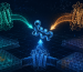 Editorial illustration of three membrane receptors and a central peptide above laboratory assay plates