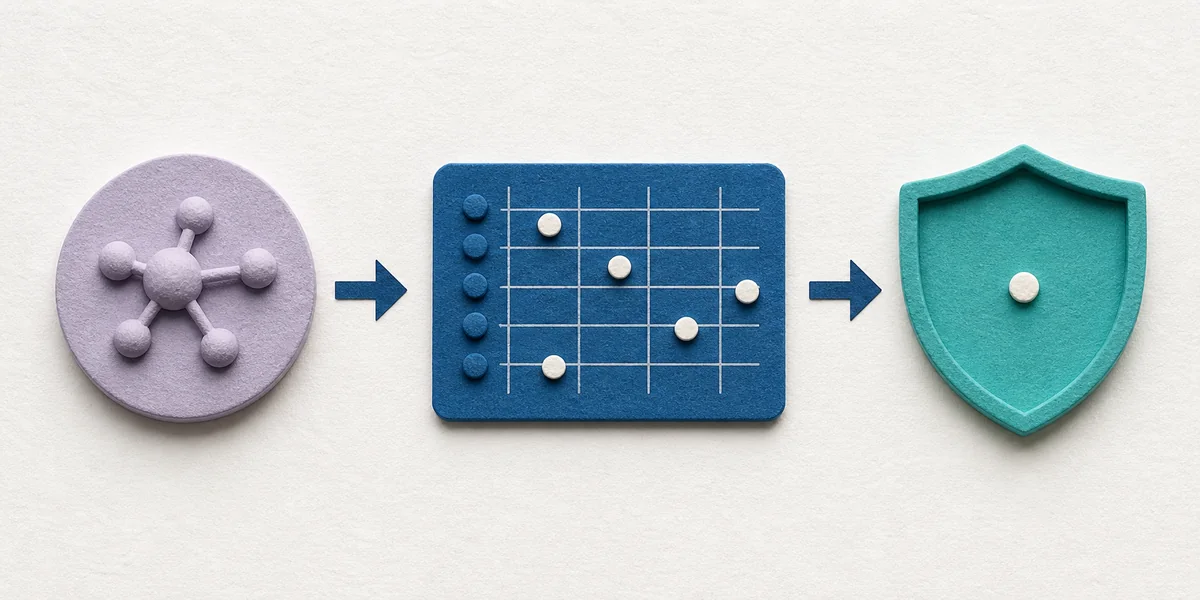 Three-stage visual linking a named material to a defined study and a bounded finding