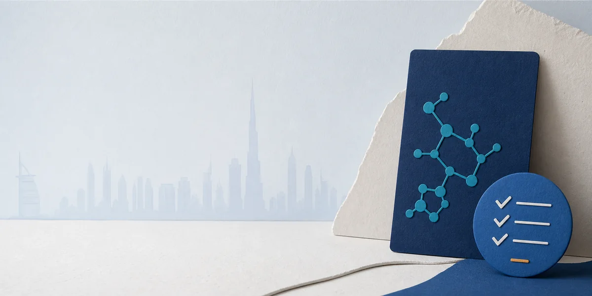 Authentic Emirates Peptides GLP-3 research pen beside separate documentation and evidence symbols