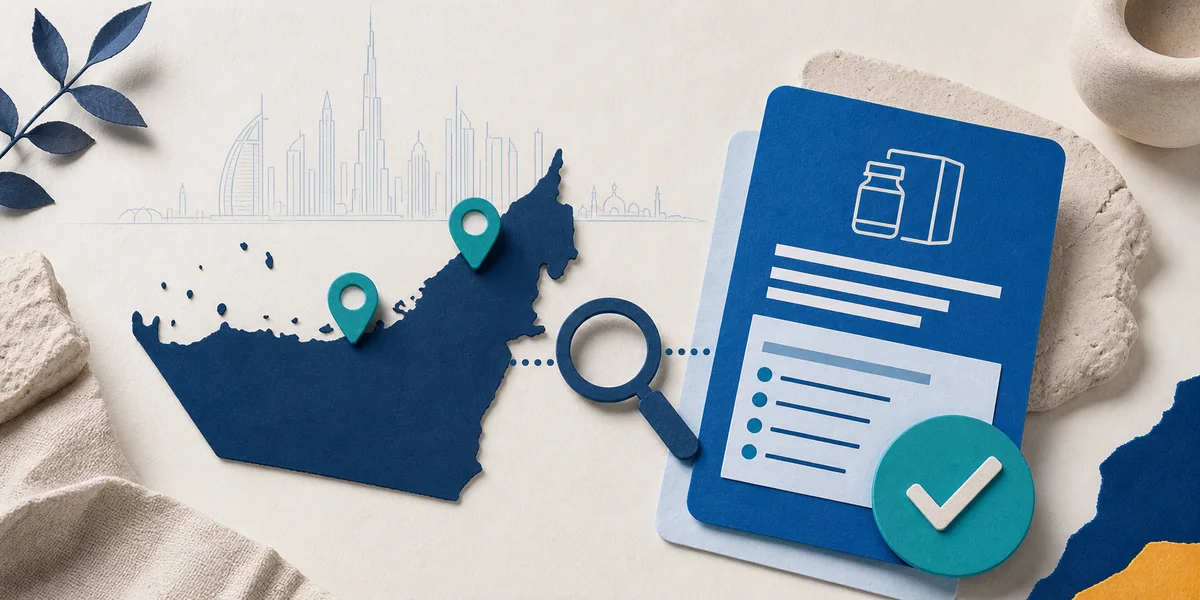 UAE map, Dubai and Abu Dhabi location markers and a product-information verification checklist