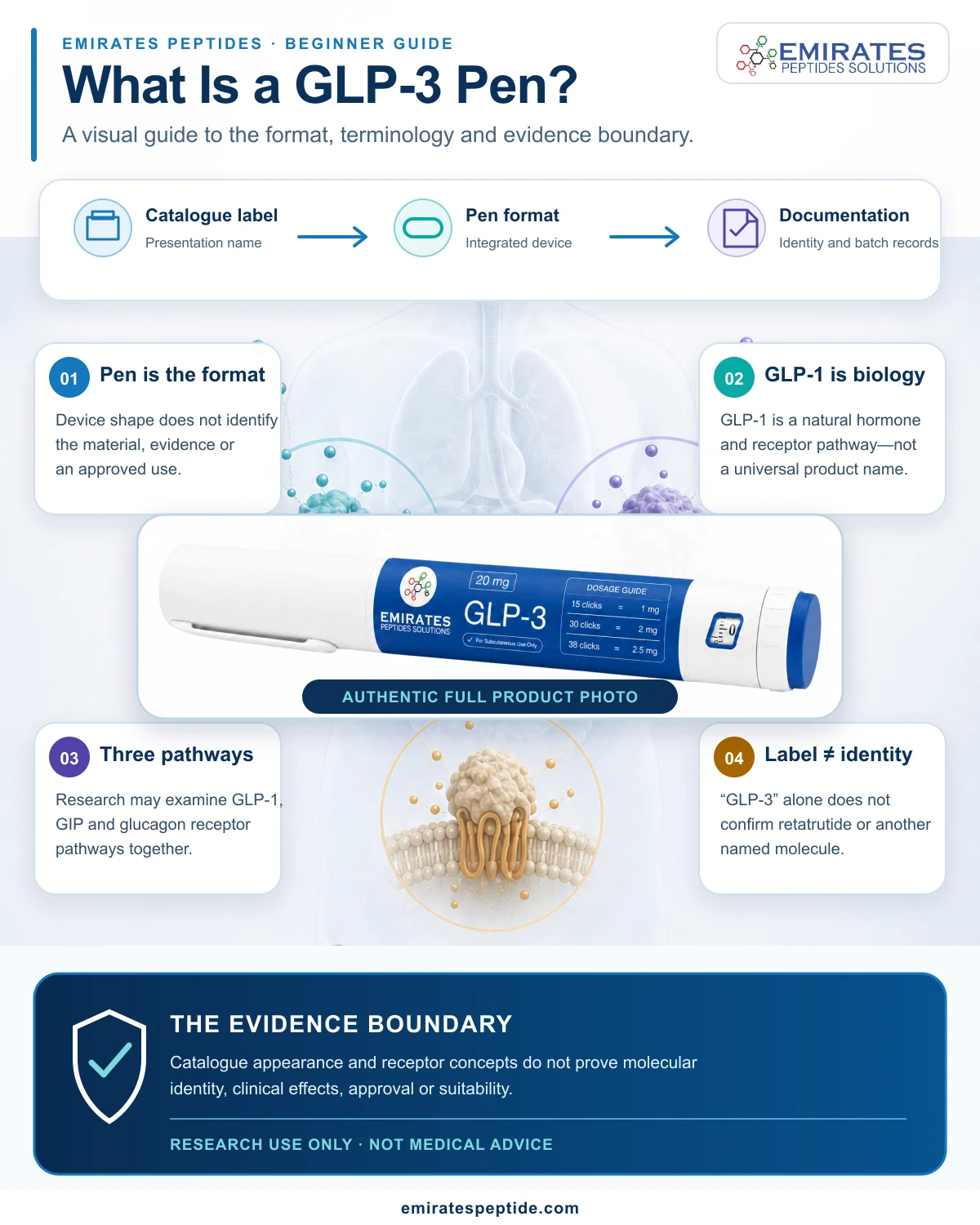 Beginner visual guide to GLP-3 pen format, GLP-1 biology, three receptor pathways and evidence limits