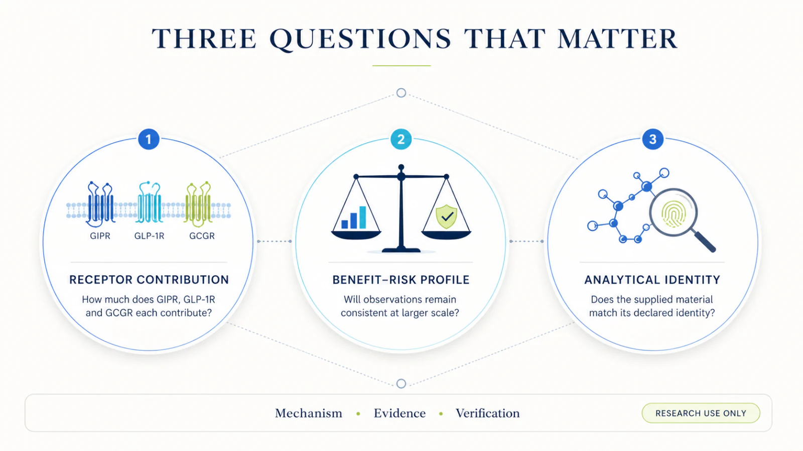 Three research questions covering evidence quality, material identity and relevance to the UAE research setting.